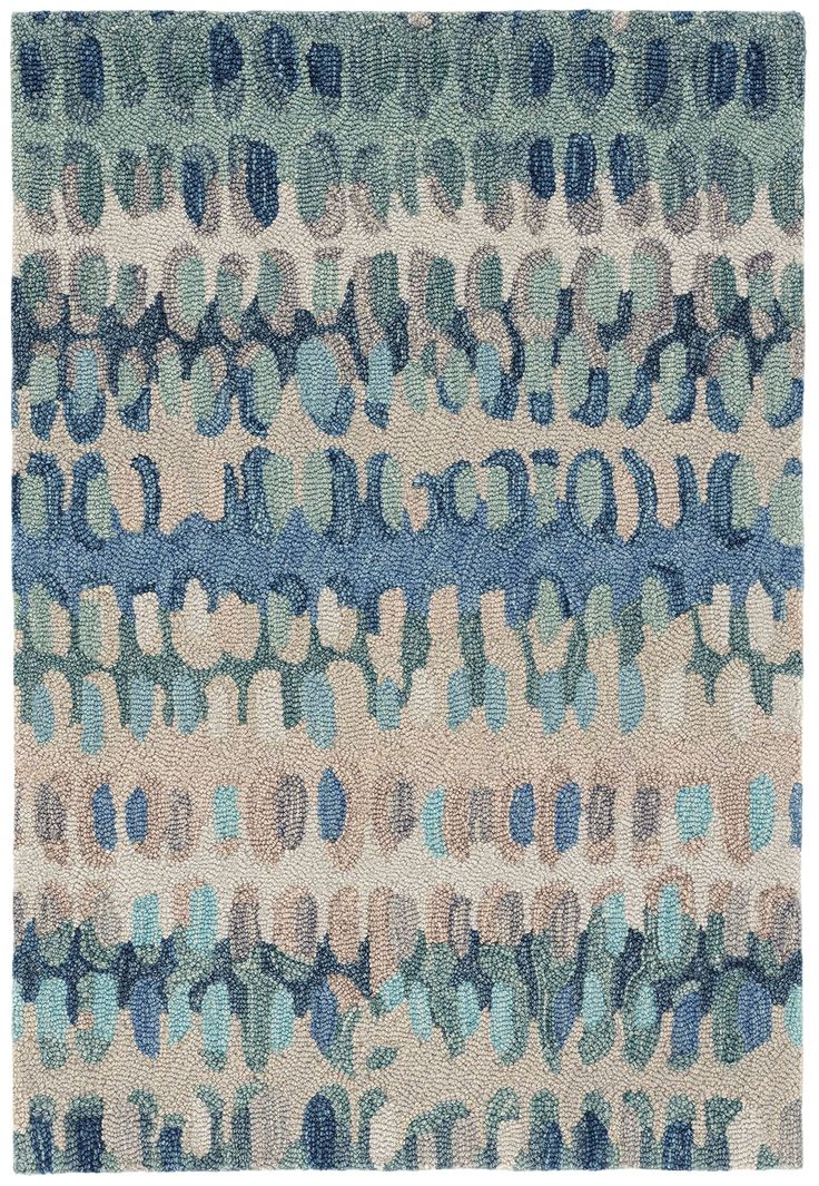 an abstract rug with blue, green and beige colors on the bottom half of it