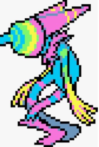 an image of a pixel art style character in pink, blue and yellow colors on a white background