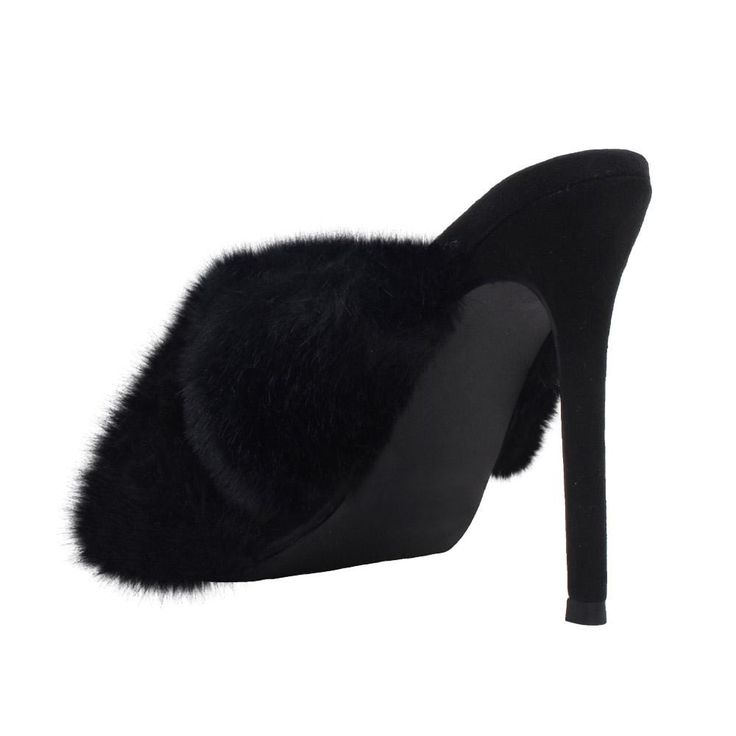 Faux fur embedded vegan suede upper Man made sole Slip-on styling Heel measures approx. 4.25" H Imported Chic Evening Slip-on Court Shoes, Fabric Heels With Wrapped Heel, Party Heels With Padded Heel In Fabric, Chic High Heel Fabric Heels, Chic Fabric High Heel Heels, Chic Fabric High Heel Shoes, Chic Fabric High Heels, Fitted Fabric High Heels, Trendy Slip-on Heels With Padded Heel