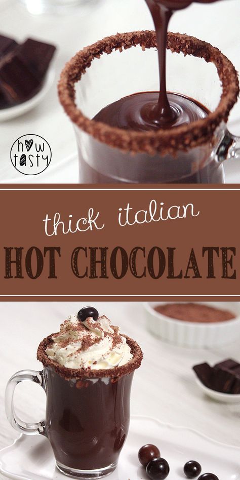 there is a chocolate drink with whipped cream on top and the words thick italian hot chocolate above it