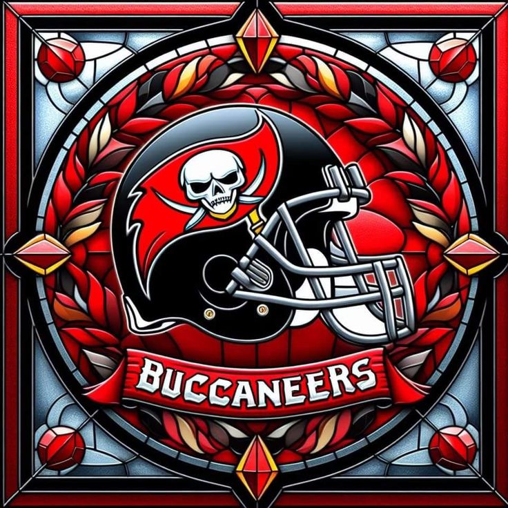 the tampa football team is depicted in this stained glass art piece, featuring a skull and helmet