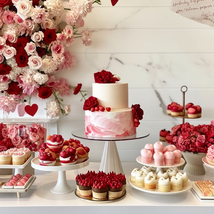 a table topped with lots of cakes and cupcakes