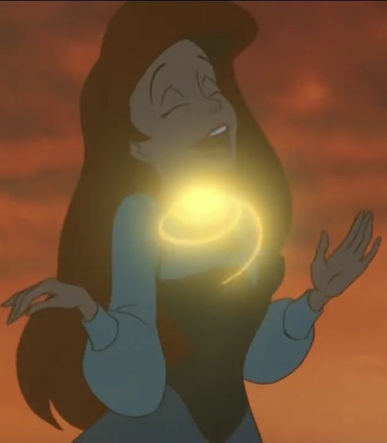 an animated image of a woman holding a glowing ball in her hand and looking up at the sky