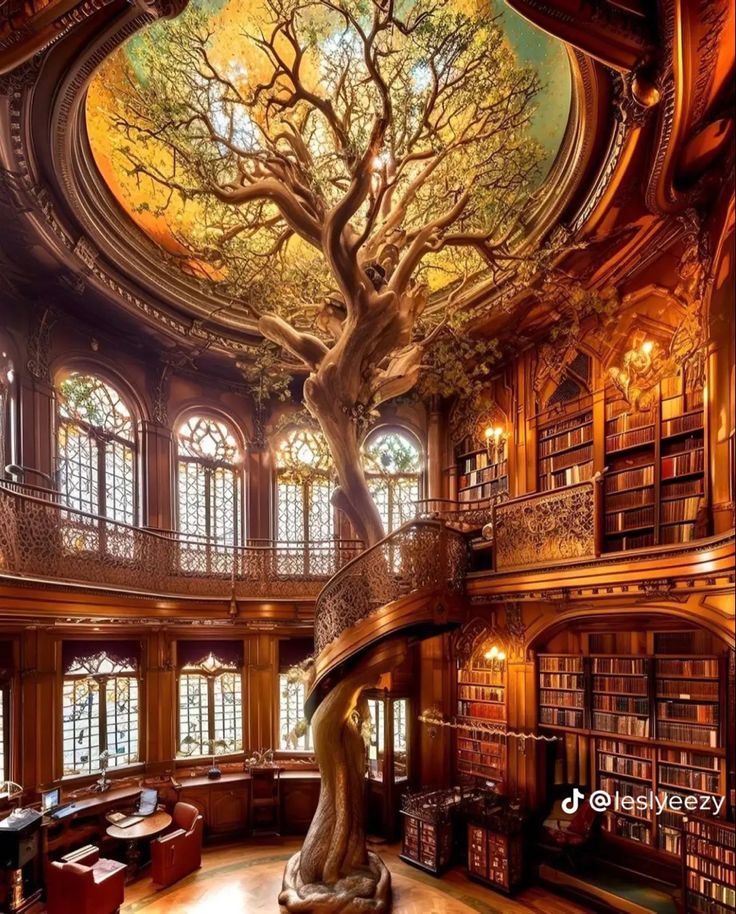 a large tree in the middle of a room with many bookshelves and windows