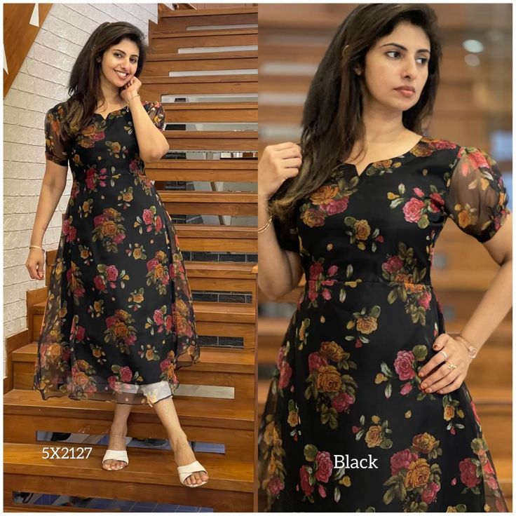 Black Floral Frock, Plane Frocks For Women, Black Floral Saree Blouse Designs Latest, Black Floral Kurti Design, Dress Material Stiching Models, Kurtha Models Latest, Organza Dress Pattern, Floral Kurti Designs Latest, Floral Saree Blouse Designs Latest