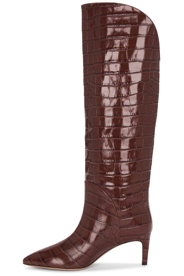 Croc embossed leather upper and leather sole.  Made in Italy.  Pull-on styling.  High shine embossed-croco designed leather.  Pointed toe.  Leather-covered stiletto heel.  .  Approx 60mm/ 2 inch heel, Approx 431mm/ 17 inch shaft, Shaft measures approx 15" in circumference.  .  .  .  .  .  .  .  . Brown Croc Boots, Brown Knee Boots, Croc Boots, Crocs Boots, Texas Women, Paris Texas, 2 Inch Heels, Brown Boots, Stiletto Heel