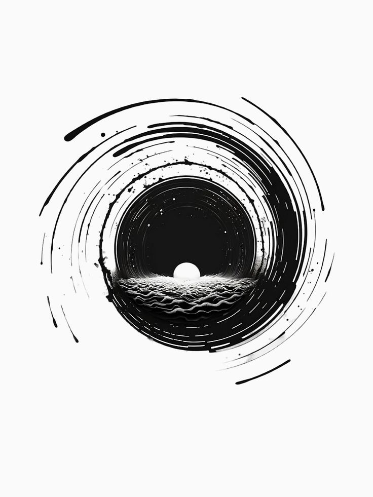 an abstract black and white painting with circles in the shape of a circle on a white background