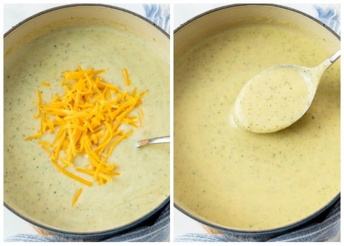 two pictures showing how to make cheese soup