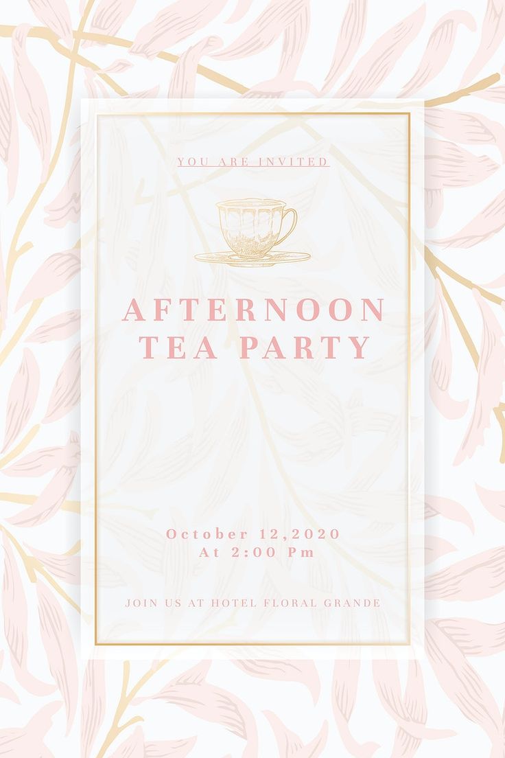 an afternoon tea party with pink leaves and gold foil on the front, white background