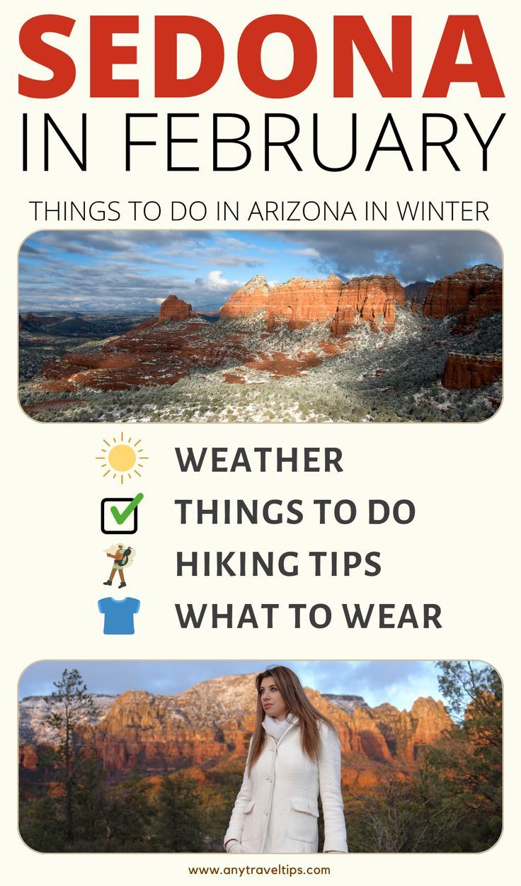 a woman standing in front of mountains with text that reads sedona in february things to do in arizona in winter