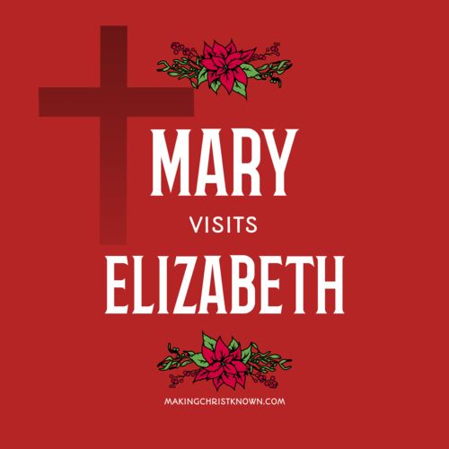 mary visits elizabeth with the cross and poinsettis around it on a red background