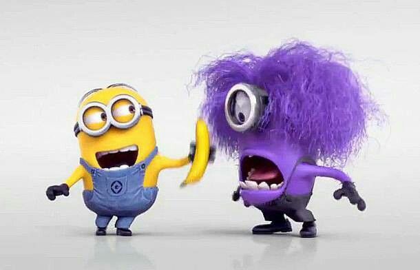 two minion figures with purple hair and one is holding the other's hand