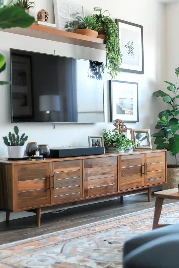 23 Stylish TV Wall Decor Ideas - DailyHomeSafety Tv Wall Open Shelves, Tv Cabinet With Floating Shelves, Walls In Living Room Decorating, Shelves And Art On Wall, Art Over Tv Wall, Floating Shelves Over Tv Living Rooms, Wall Shelves Under Tv, Mid Century Modern Living Room Tv Wall, How To Decorate Tv Stand With Mounted Tv