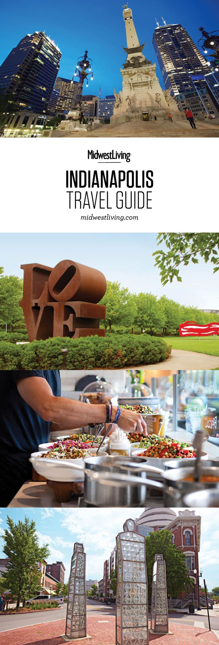 the cover of indiana's travel guide with images of buildings and people eating food