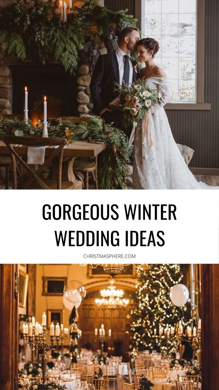 a bride and groom standing next to each other in front of a christmas tree