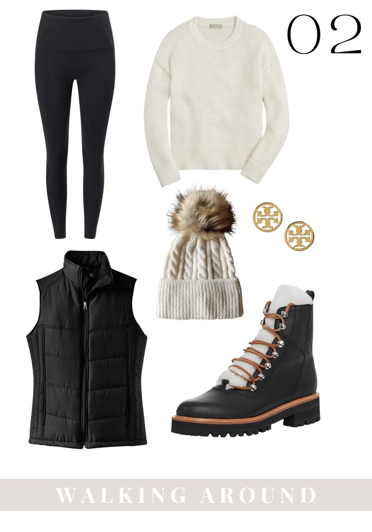 a white sweater, black pants and boots are featured in this post with the words walking around