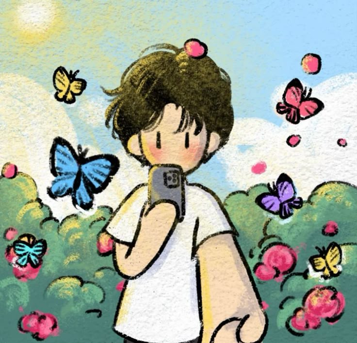 a drawing of a boy holding a cell phone in front of some flowers and butterflies