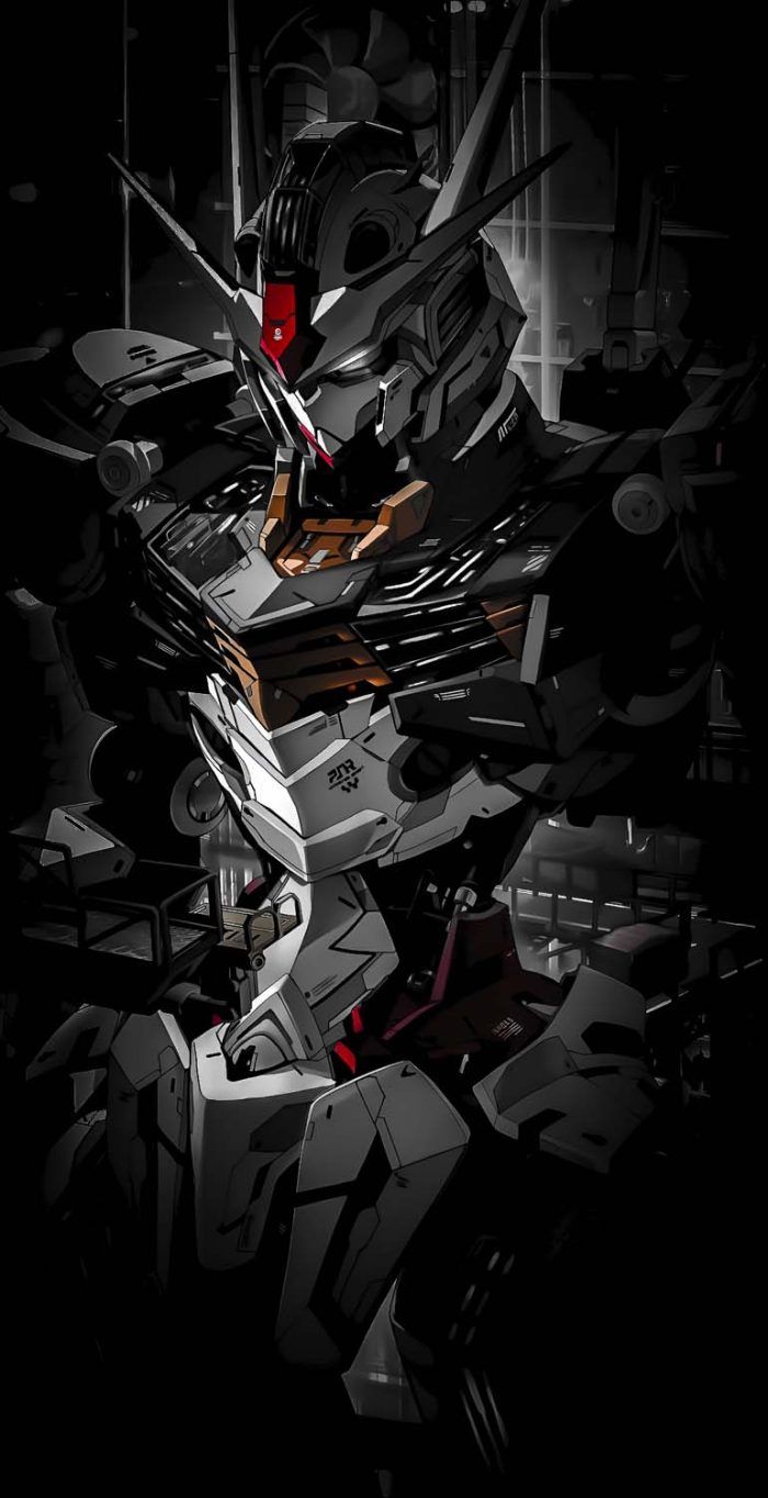 a black and white photo with red accents on the bottom half of it, depicting an abstract image of a robot