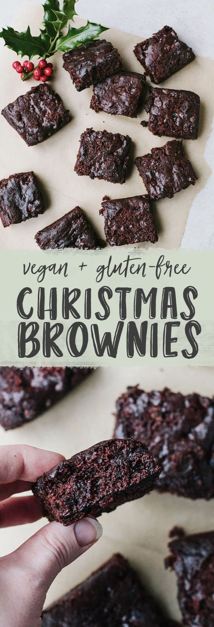 vegan and gluen - free christmas brownies with holly on top are shown