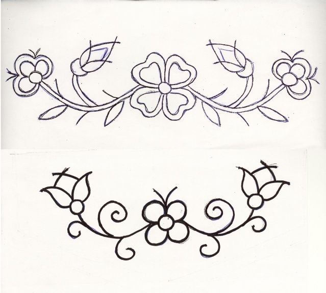 two drawings of flowers and leaves on white paper