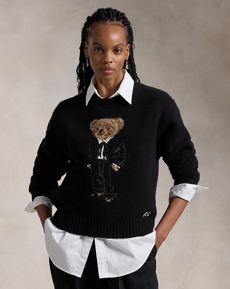 Knit from a blend of Italian wool with a touch of cashmere, this crewneck sweater showcases an intarsia-knit rendering of the Polo Bear donning a signature Ralph Lauren tuxedo. Ralph Lauren Jumper Outfit Women, Ralph Lauren Sweater Aesthetic, Polo Bear Sweater Outfit, Ralph Lauren Sweater Bear, Ralph Lauren Teddy Bear Sweater, Polo Ralph Lauren Women Outfits, Ralph Lauren Bear Sweater, Ralph Lauren Sweater Outfit, Polo Bar