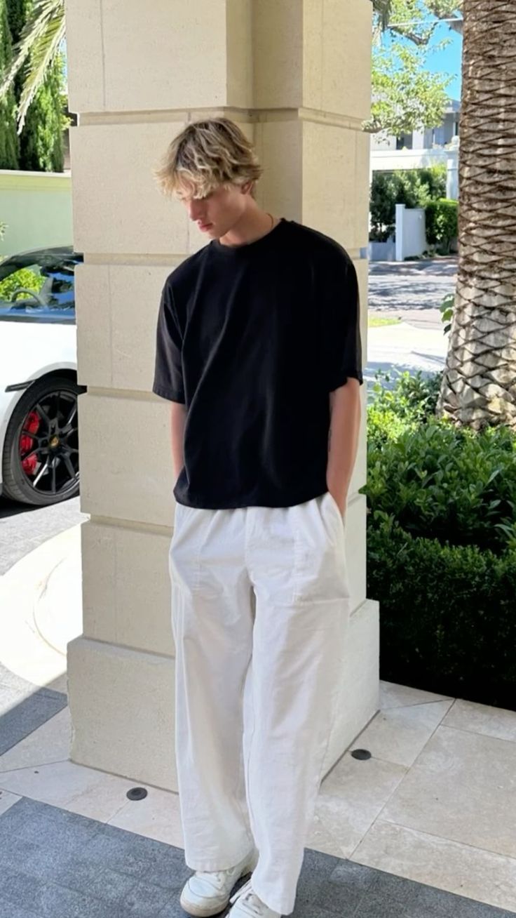 White Pants Outfit Men Summer, White And Black Outfits Men, Black Linen Pants Men, Off White Linen Pants Outfit, Mens White Pants Outfit, Linen Pants Men Outfit, White Linen Pants Outfit Men, Oversized Pants Outfit Men, White Pants Men Outfit