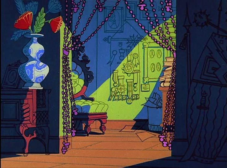 an animated image of a room with blue walls and purple curtains on the windowsill