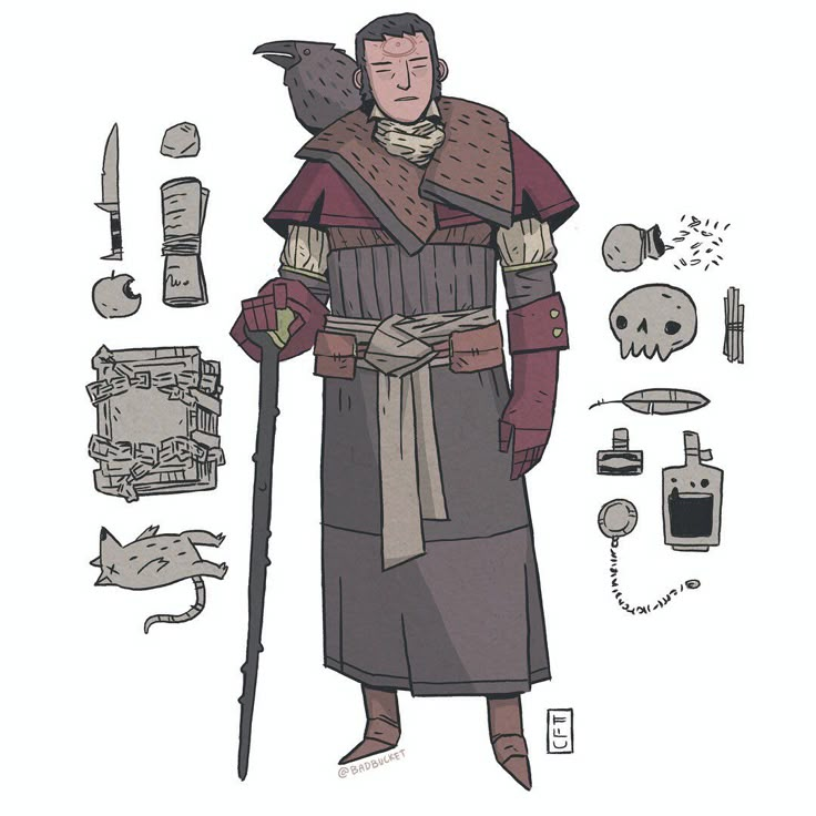 a drawing of a man in medieval clothing with various items surrounding him and his cat