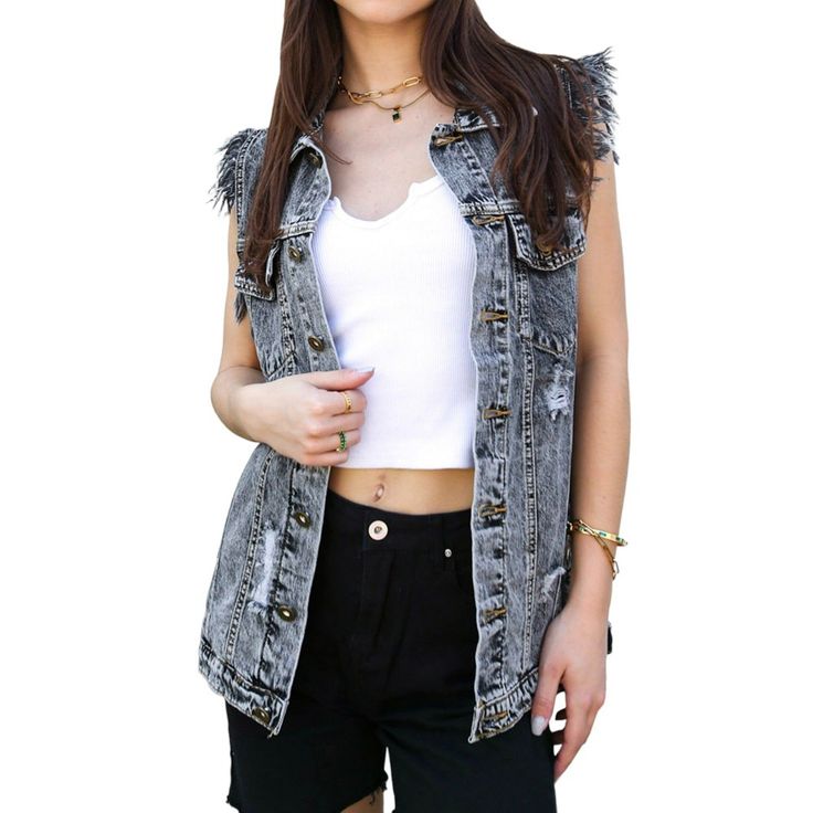 Make a retro statement with our Oversize Distressed Sleeveless Denim Vest! Crafted from 100% cotton denim, this vest features distressed patches, ripped fringe armholes, and button placket closures for an edgy yet classic look. Trendy Sleeveless Denim Top For Fall, Spring Black Denim Vest, Ripped Cotton Denim Jacket For Summer, Summer Ripped Cotton Denim Jacket, Black Denim Vest For Summer, Distressed Sleeveless Denim Vest For Fall, Distressed Denim Sleeveless Vest For Fall, Washed Cotton Sleeveless Denim Vest, Summer Cotton Denim Jacket With Frayed Hem