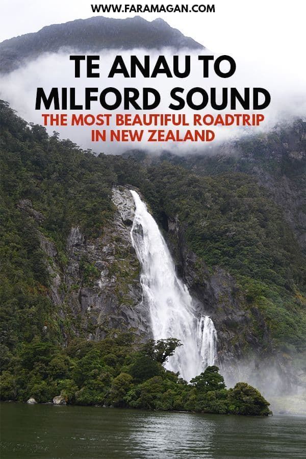 a waterfall with the words te anau to mifford sound in new zealand