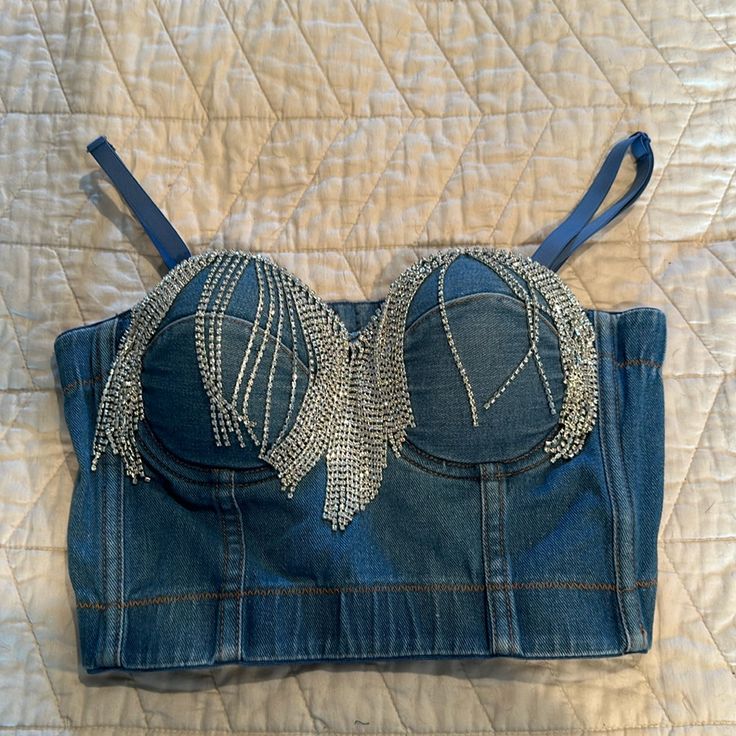 Never Worn. Bought It For A Friends Party But Never Ended Up Wearing It. Tried It On Fit Good And Was Comfortable. Denim Crop Top For Party, Party Denim Crop Top, Fitted Denim Party Top, Spring Party Denim Crop Top, Jean Crop Top, Crop Top With Jeans, Denim Crop Top, Puff Sleeve Crop Top, Lace Bustier