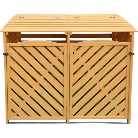 a wooden storage box with two doors on the top and bottom, in front of a white background