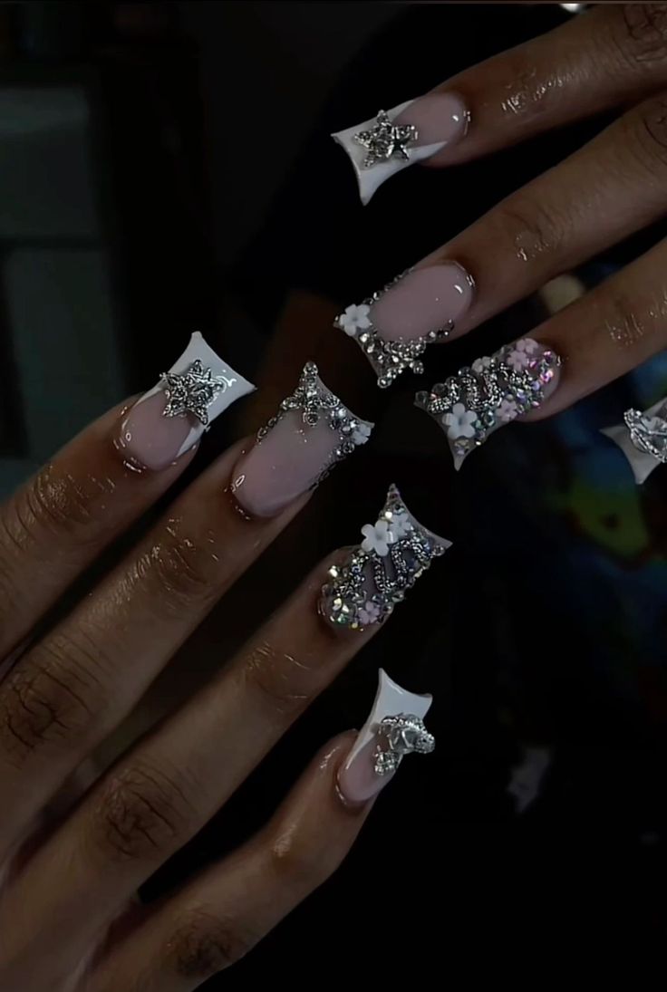 Dramatic Birthday Nails, Silver Junk Nails, Nails With A Lot Of Charms, Red Junk Nails, White Junk Nails, Birthday Nails Red, Birthday Nail Set Ideas, Quartz Nails, Junk Nails