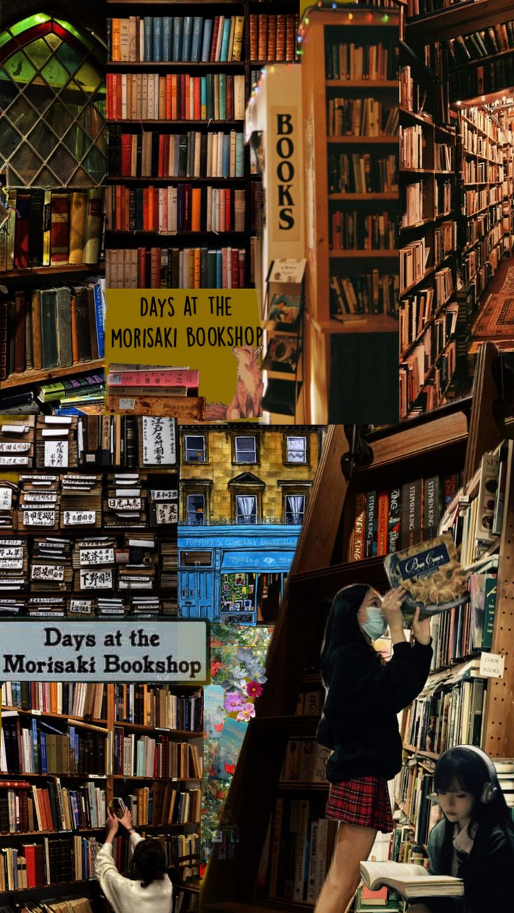 a woman standing in front of a book shelf filled with books