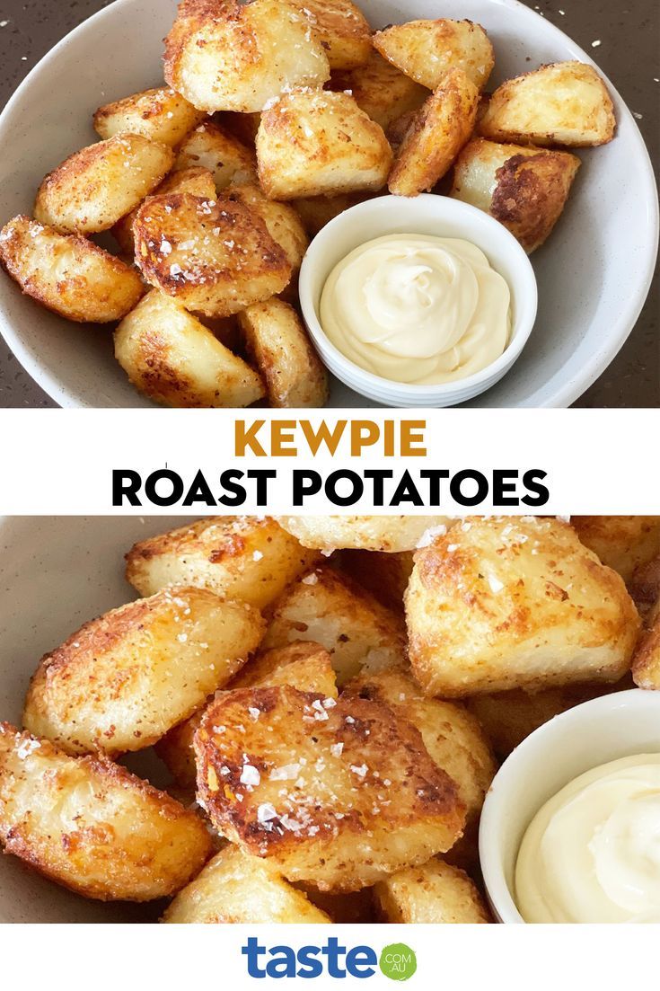 two pictures with different types of potatoes in them and the words kewpie roast potatoes