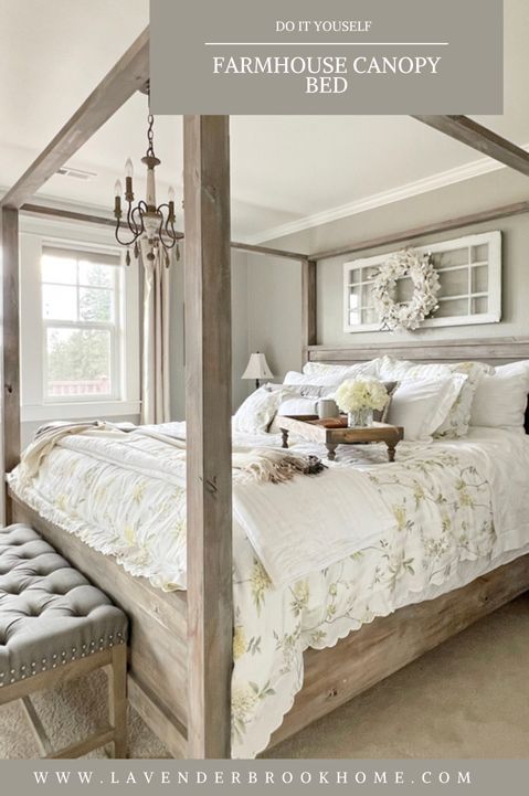 a bedroom with a four poster bed and white comforter on top of the bed