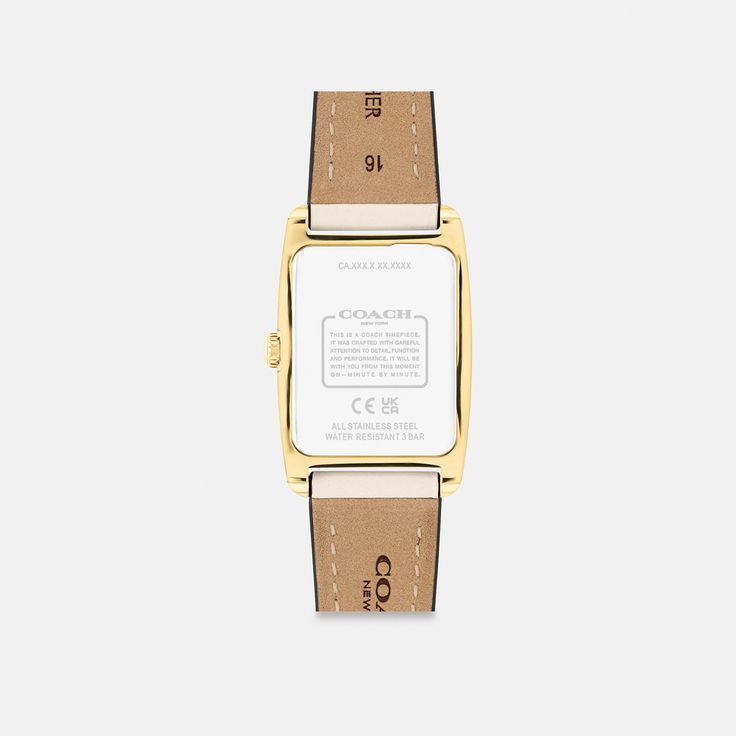 A distinctive stately design the minimalist Reese watch is an elevated choice for everyday. Finished with a leather strap the gold tone design features a satin dial detailed with a mix of numerical and stick markers. | Coach Reese Watch, 24 Mm X 35 Mm - Women's - Chalk Elegant Watches For Everyday Use With Rectangular Shape, Chic Formal Watch With Rectangular Dial, Chic Formal Watches With Rectangular Dial, Chic Gold Watch With Rectangular Dial, Classic Rectangular Dial Watch For Everyday Use, Classic Watches With Rectangular Dial For Everyday Use, Timeless Watches With Rectangular Dial For Everyday Use, Classic Everyday Watch With Rectangular Dial, Everyday Watches With Leather Strap And Rectangular Dial