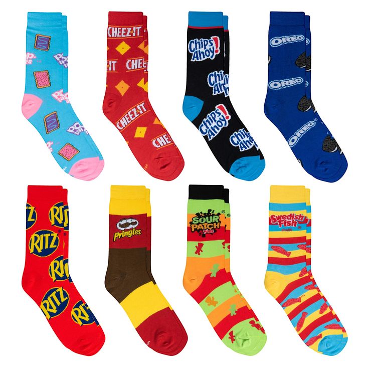 PRICES MAY VARY. Officially licensed - authentic fun novelty socks featuring snacks and candies from your favorite brands; Pringles, Oreo, Cheez-It, Ritz, Dippin Dots, Red Swedish Fish Candy, each fashion design is genuine, modern, trendy, and elite. Size & fit - men's socks (size 8-12), women's socks (size 9-13); each pair of casual socks come with a y-gore heel and elongated spandex cuff to ensure a perfect form and comfort around your foot. Feel & Comfort - Highest quality polyester & spandex Crazy Socks Boys, Swedish Fish Candy, Food Socks, Dippin Dots, Food Candy, Sock Lovers, Fun Socks, Sour Patch Kids, Sock Packs