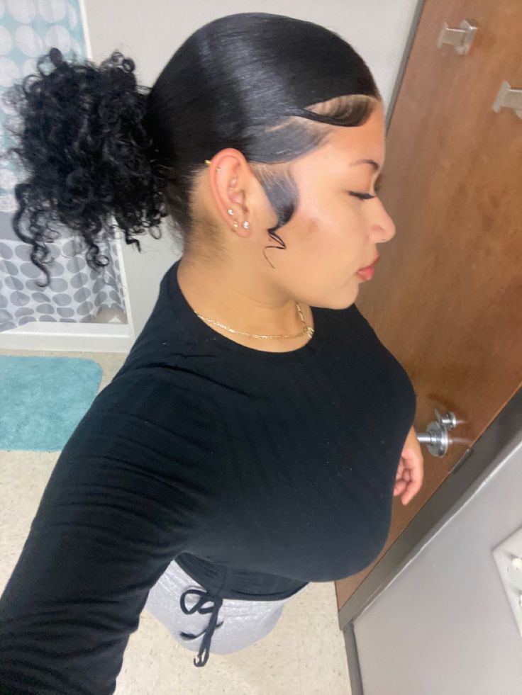 High Bun With Edges, Slickback Bun, Short Slicked Back Hair, Big Edges, Fluffy Edges, Dramatic Edges, Side Pic, Curly Hair Ponytail, Natural Hair Bun Styles