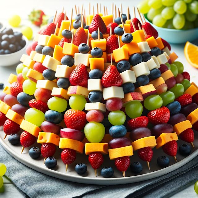 fruit skewers are arranged in the shape of a pyramid on a platter