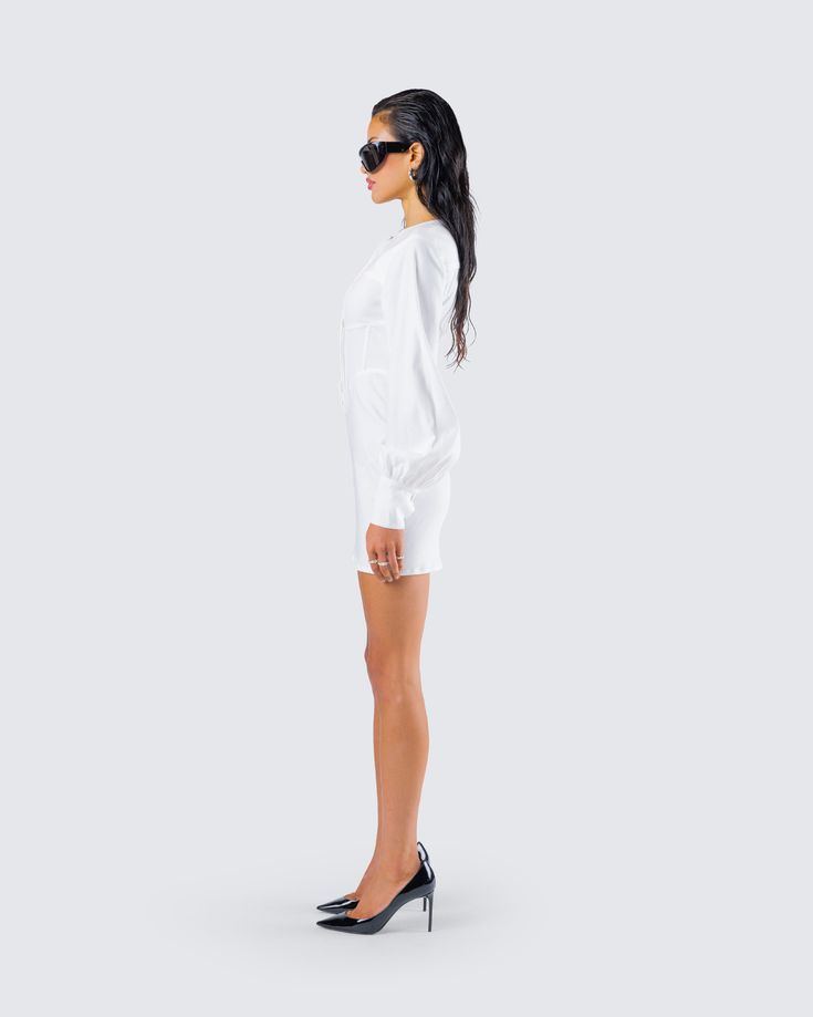 Know your worth, and then add tax 😘 Don't let anyone mess with you in this white mini dress. You won't even need to show them who's boss, they'll already know 🙌🏼 White Fitted Linen Mini Dress, White Mini Dress For Date Night, Chic White Long Sleeve Mini Dress, White Mini Dress For Formal Occasions, White Mini Bodycon Dress For Date Night, White Mini Length Bodycon Dress For Date Night, Formal White Knee-length Mini Dress, White Long-sleeve Mini Dress For Night Out, White Summer Mini Dress For Formal Occasions