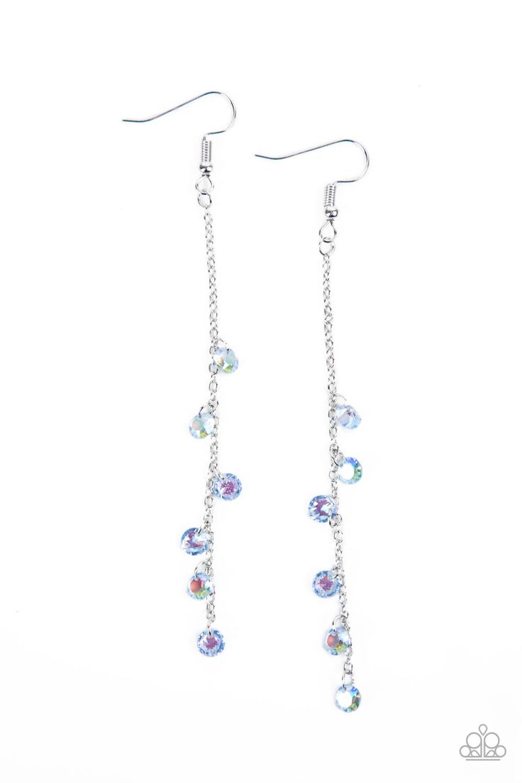 Featuring stellar iridescence, a dainty collection of glassy blue rhinestones tumble down a lengthened silver chain for a twinkly tasseled look. Earring attaches to a standard fishhook fitting.

 Sold as one pair of earrings. Long Silver Earrings, Jewelry Images, Paparazzi Accessories, Blue Jewelry, Colourful Necklace, Affordable Jewelry, Paparazzi Jewelry, Pink Earrings, Pink Rhinestones