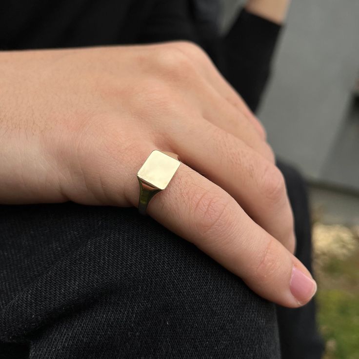 This 14k Solid Gold Ring ''was'' only classy men's love. Nowadays this square signet pinky ring is a cool piece combined with daily outfits.  It's also a signet ring and engravable.  The ring on pictures is made of 14k Solid Yellow Gold. We can produce it in 14k White Gold or 14k Rose Gold you can choose from options section. Engraving is free for this engravable crest ring. We can engrave on it monogram, crest, letter, number, date or big initials on ring. Enter the name, date, monogram, number Classic Rectangular Signet Ring Stamped 14k, Classic Square Cut Signet Ring For Anniversary, Classic Square Rings With Polished Finish, Modern Square Cut Signet Ring As Gift, Minimalist 14k Gold Rectangular Signet Ring, Minimalist Square Cut Signet Ring As Gift, Minimalist Square Cut Signet Ring For Gift, Minimalist Rectangular Tarnish Resistant Signet Ring, Rectangular Minimalist Tarnish-resistant Signet Ring