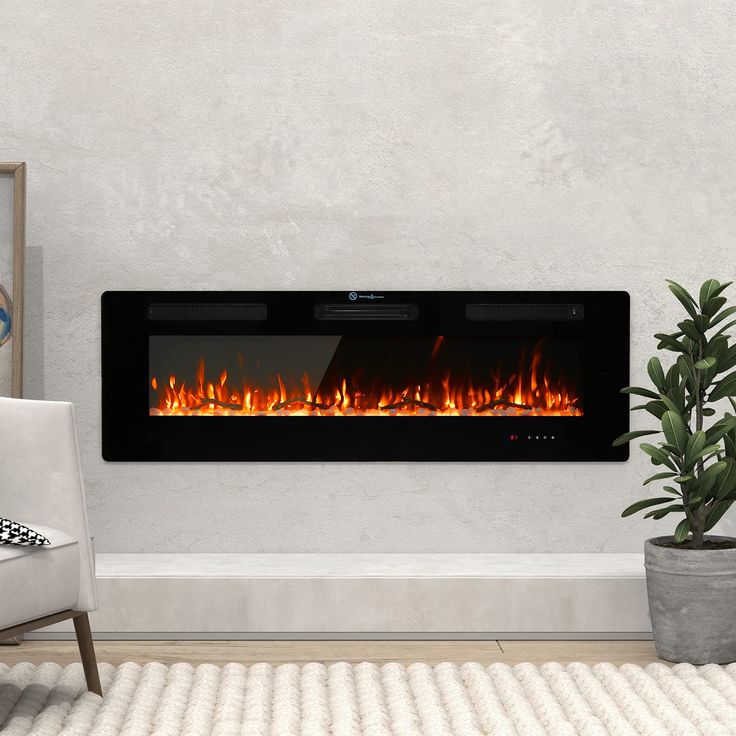 a modern fireplace in a living room with white walls