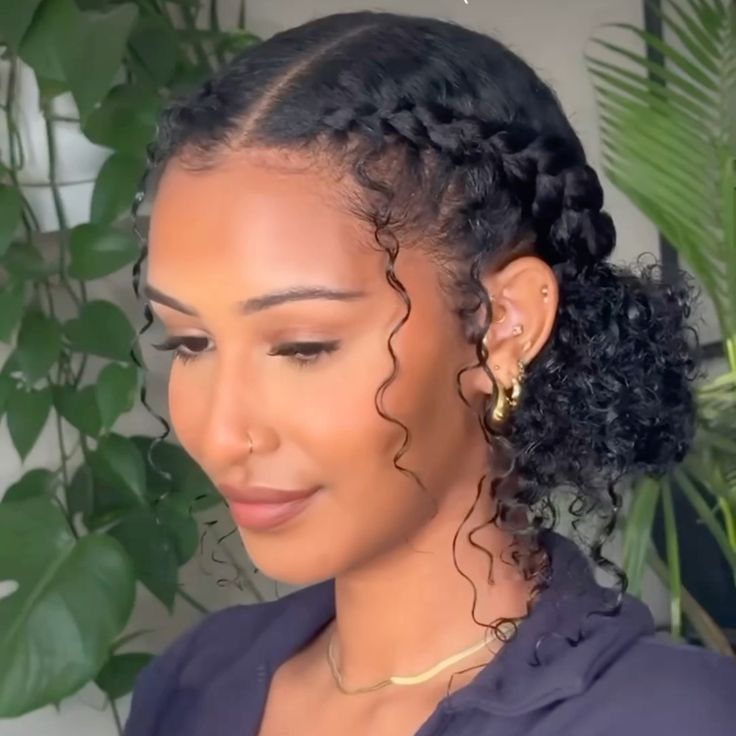 Two Braids To A Bun, Natural Hair Dutch Braids, Two Braided Buns With Curls, Short Curly Hairstyles For Picture Day, Bun With Braids Black Women, Braid Hairstyle For Curly Hair, Cute 2 Buns Hairstyle, Braided Bun Curly Hair, 2 Braids Into A Bun Natural Hair