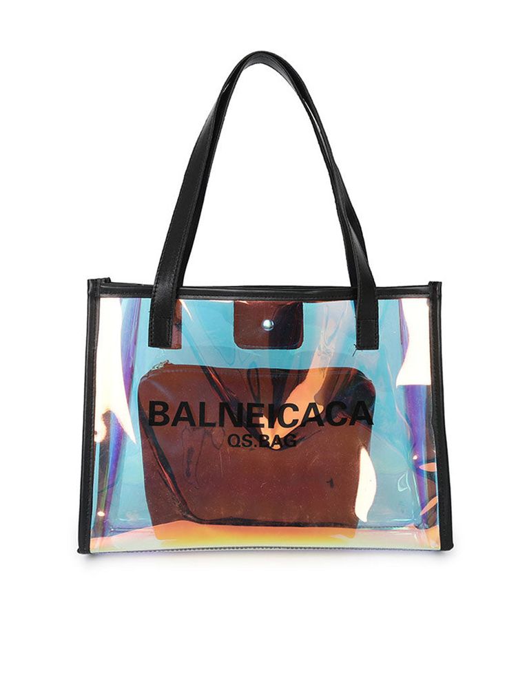 Material: PVC Transparent Laser Design Small: 8.7“L x 2.4"W x 5.9"H Beach Bag Tote Style Large: 12.6“L x 3.5"W x 9.4"H Modern Rectangular Beach Bag For Shopping, Trendy Rectangular Travel Bag For Shopping, Modern Shoulder Bag With Removable Pouch For Vacation, Trendy Shopping Bag With Luggage Sleeve, Trendy Shopping Bags With Luggage Sleeve, Casual Travel Pouch Box Bag, Modern Beach Bag With Top Carry Handle, Modern Bucket Shoulder Bag For Beach, Vacation Bag With Luggage Sleeve