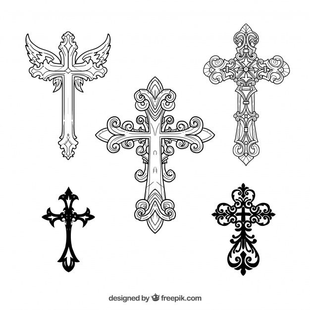 four different crosses with ornate designs on the sides and one is drawn in black ink