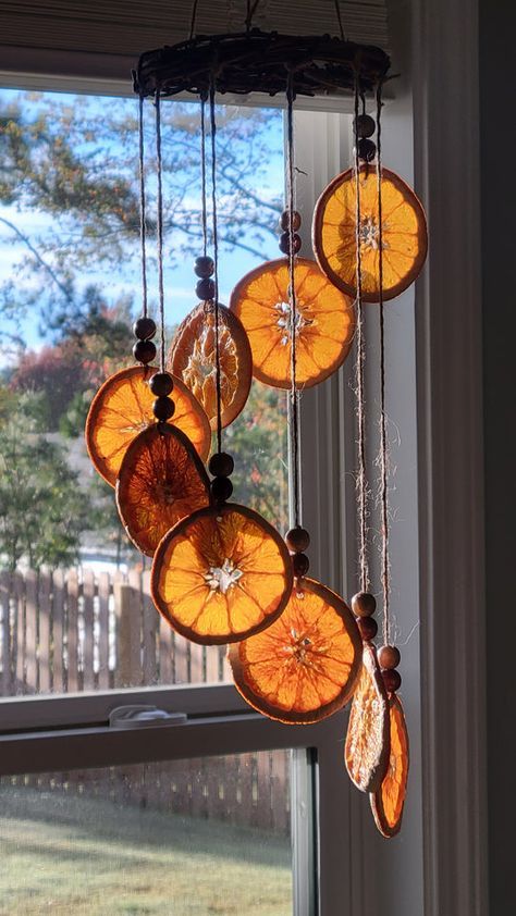 an orange slice hanging from a window sill