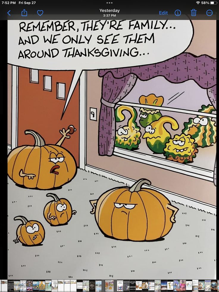 cartoon pumpkins sitting in front of a window with a caption that reads, remember they're family and we only see them around thanksgiving