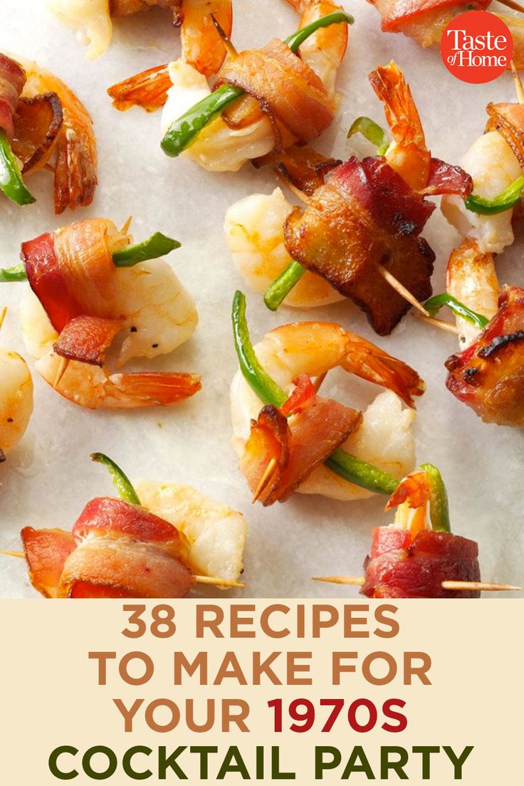 an advertisement for the cocktail party with bacon and shrimp on skewers, as well as other appetizers